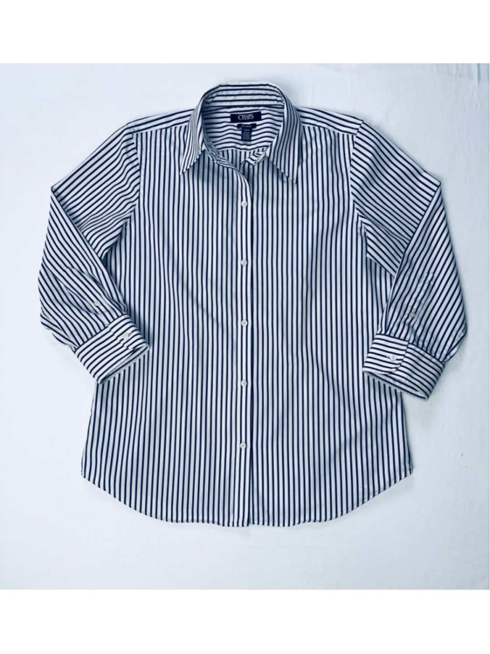 Chaps Women’s Medium Navy White Striped No Iron Button Down Shirt